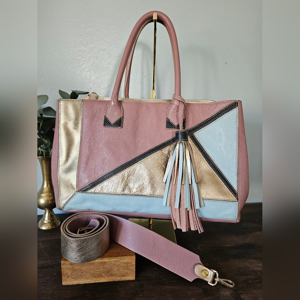 Stylish Colorblock Tote Bag with Tassel - Pink, Light Blue, Gold